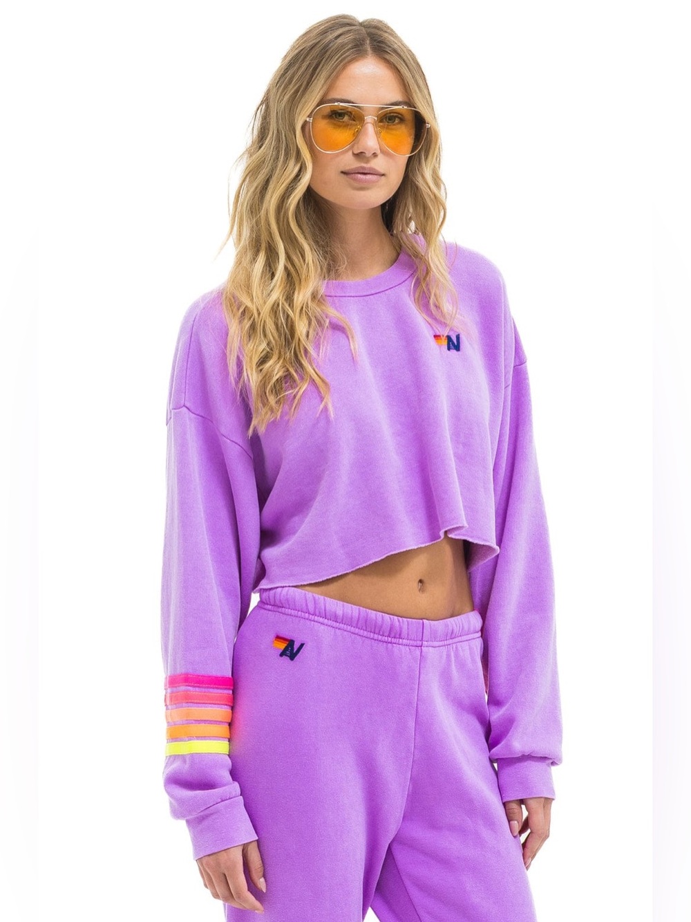 Aviator Nation Lavender Cropped Crewneck with Rainbow Sleeve Detail